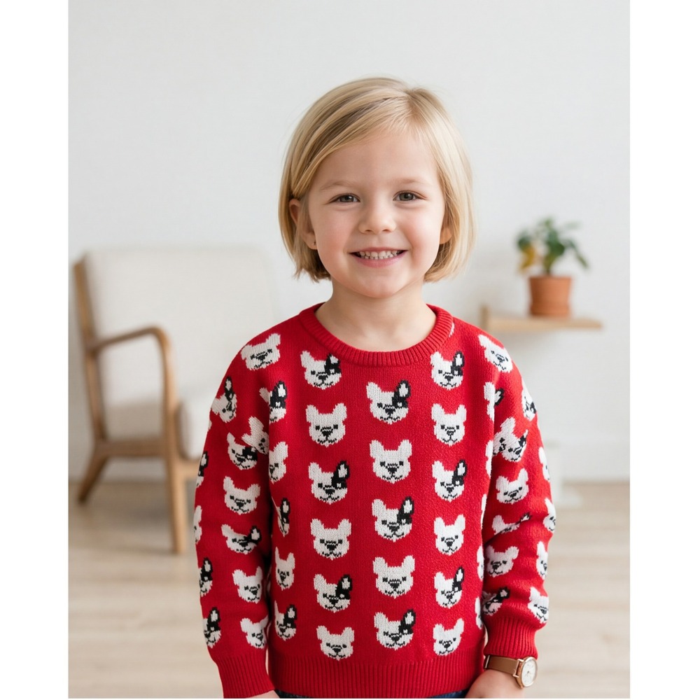 Franki by Francesca's Youth 12 Red French Bulldog Dog Intarsia Knit Sweater